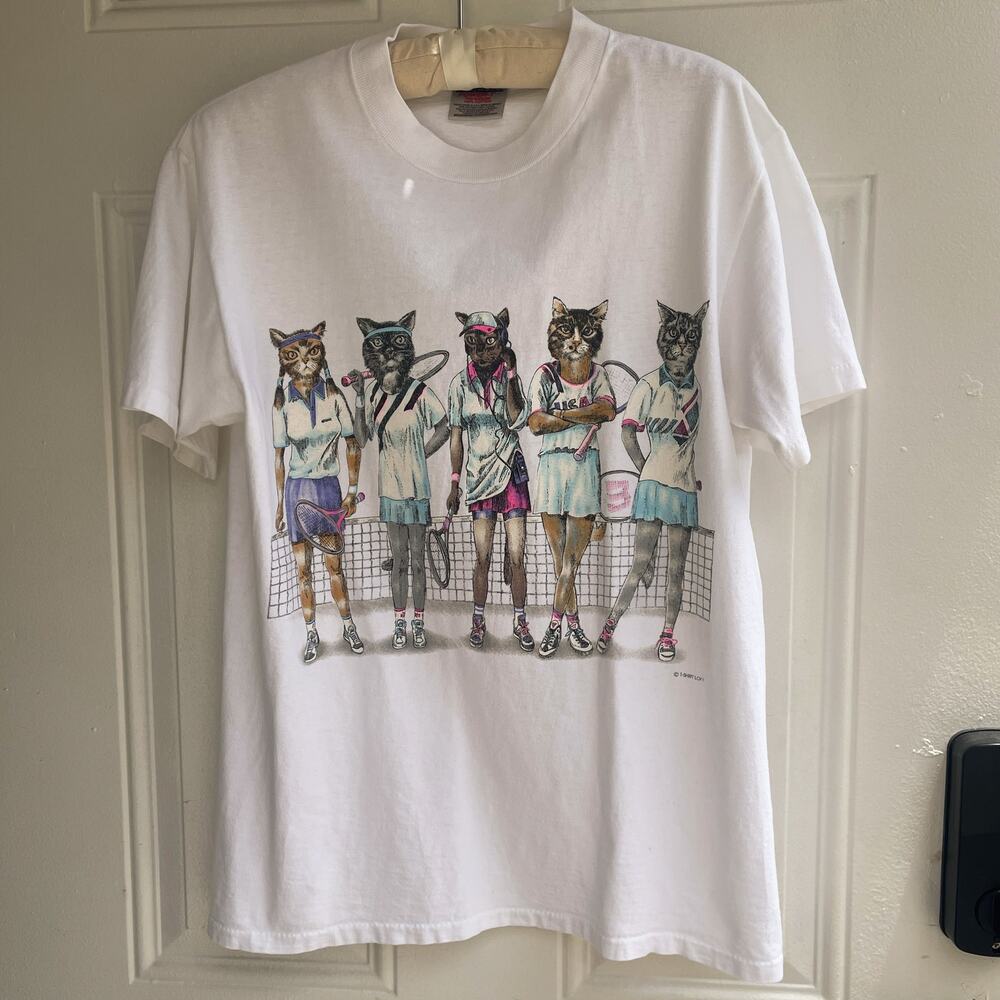Vintage 90s Oneita Power-T Tennis Cats T-Shirt Single Stitch Double Sided USA M